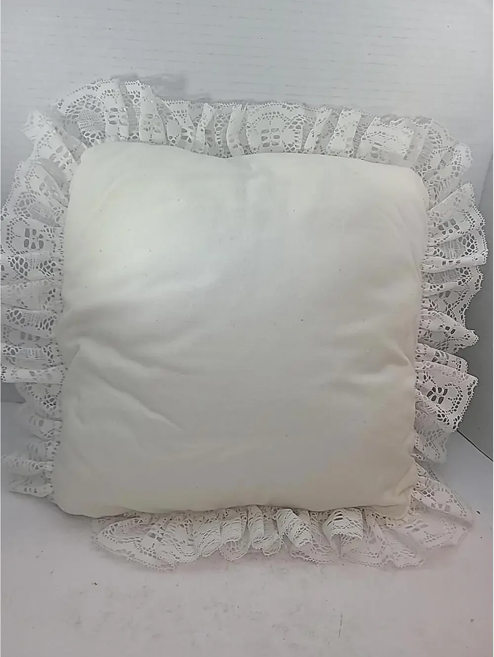 Shabby Chic Hand Stitched Embroidered Pillow With Lace Trim Cottagecore 12x12